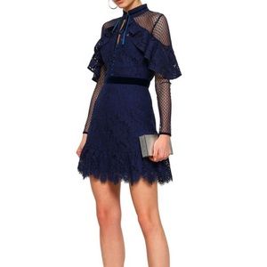 Paneled velvet-trimmed guipure lace mini dress